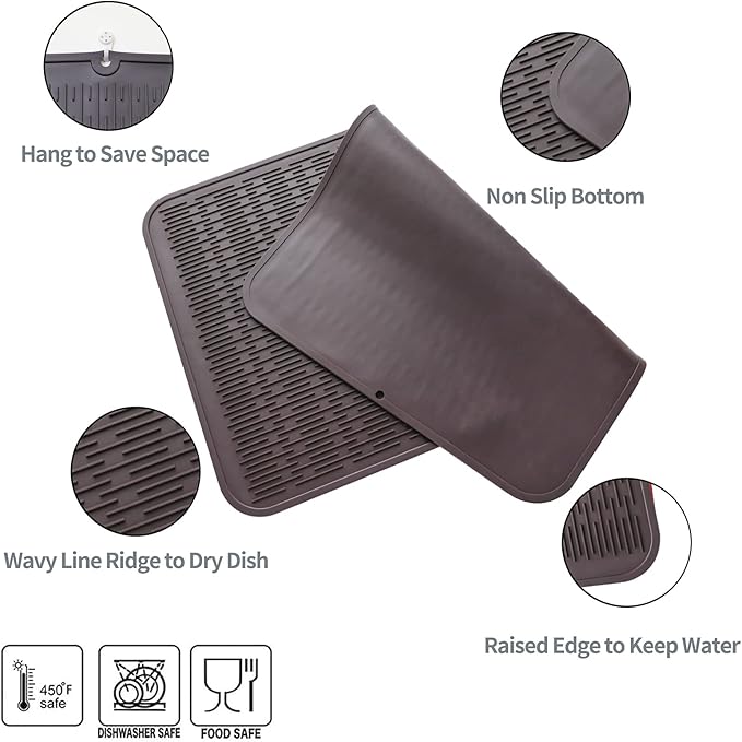 Silicone Dish Drying Mat for Multiple Usage,Easy clean,Eco-friendly,Heat-resistant Silicone Mat for Kitchen Counter or Sink,Refrigerator or Drawer Liner Coffee 4XL 32 inches x 18 inches