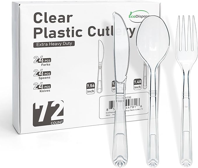 72 Pcs Extra Heavy Duty Plastic Silverware Set, Disposable Utensils includes 24 Knives, 24 Forks and 24 Spoons
