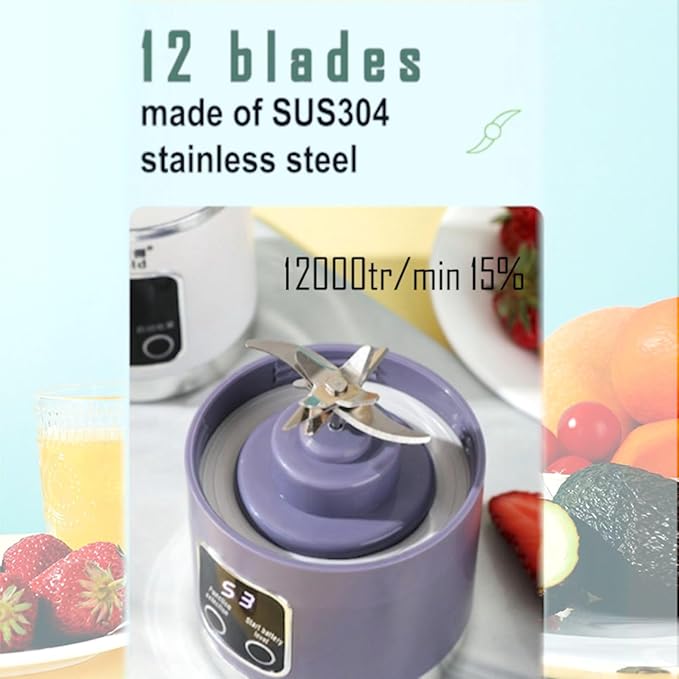 Portable blender,USB-C rechargeable,Personal compact travel juicer cup15OZ for Shakes, Smoothies,Fresh juice,Self-cleaning,Leakproof lid, Smart time display,12 blades,with strong blending Purple