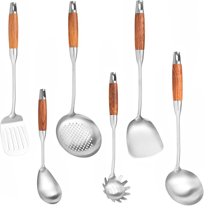 18/10 Stainless Steel Kitchen Utensils Set with Wooden Handle, 6 PCS Professional Cooking Utensils Set 15”, Wok Spatula, Ladle, Skimmer, Slotted Spatula Turner, Spaghetti Spoon, Large Spoon