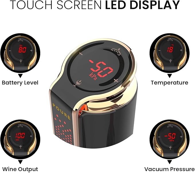3-IN-1 Wine Aerator Dispenser & Vacuum Stopper - Adjustable Pouring, Preserving, Real-Time Temp, Output & Pressure Control - Touch Screen LED Wine Accessories - Fits 18–20mm Bottles - Red