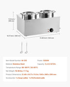 VEVOR Electric Soup Warmer, Two 6.34QT Stainless Steel Round Pot with 86~185°F Adjustable Temp, 1200W Commercial Bain Marie Compatible with Pans, Soup Station for Restaurant, Buffet
