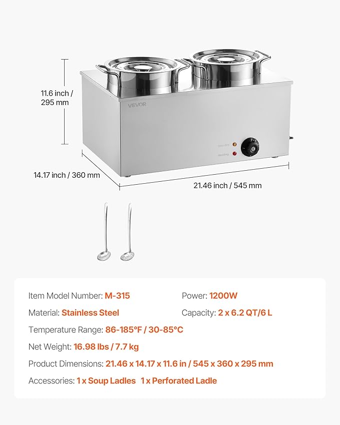 VEVOR Electric Soup Warmer, Two 6.34QT Stainless Steel Round Pot with 86~185°F Adjustable Temp, 1200W Commercial Bain Marie Compatible with Pans, Soup Station for Restaurant, Buffet
