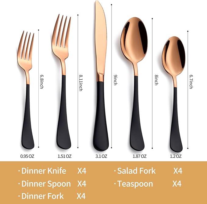 20-Piece Black and Rose Gold Silverware Set 18/0 Stainless Steel Silverware Set Black Handle Cutlery Set Service for 4 Dinner Knives Forks Spoons Set Flatware Set Finish Dishwasher Safe