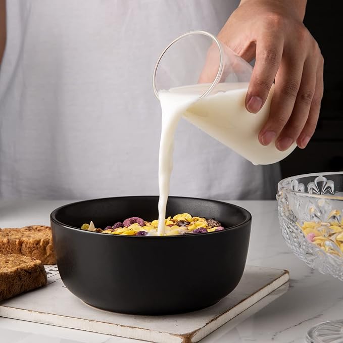 AmorArc Stoneware Cereal Bowls Set of 6, 26oz Soup Bowls Set for Cereal Soup Snacks, Modern Kitchen bowls for Meal, Dishwasher &Microwave Safe, Matte Black