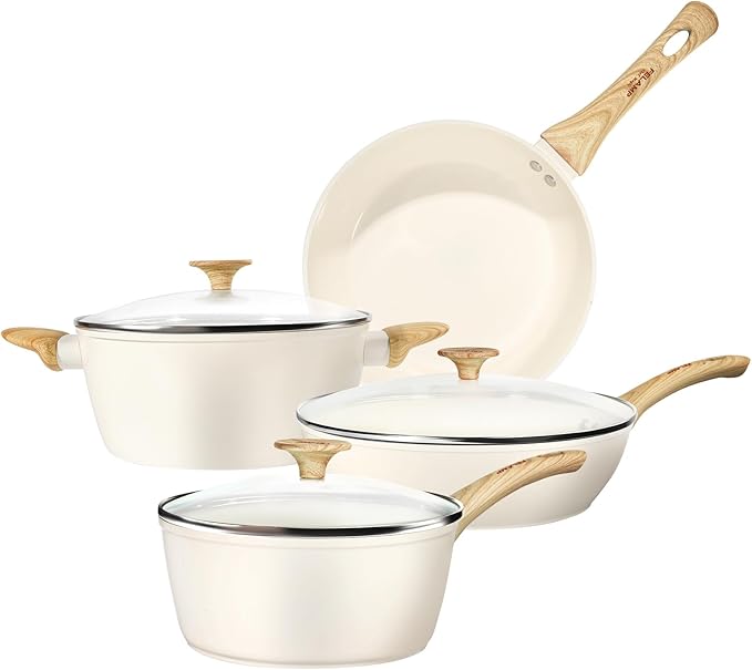 FELAMP Healthy Ceramic Nonstick Cookware Set, 7-Piece PFOA/PFOS/Toxin-Free Pots & Pans Set for Induction & All Stovetops, Dishwasher Safe with Glass Lids，Gift for New Home & Chefs