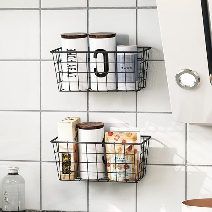Hanging Kitchen Baskets For Storage Adhesive Small Wire Storage Baskets No Drilling Wall Mounted Shelf with Kitchen Food Pantry Bathroom Shelf Storage, 2 PACK, Black