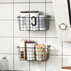 Hanging Kitchen Baskets For Storage Adhesive Small Wire Storage Baskets No Drilling Wall Mounted Shelf with Kitchen Food Pantry Bathroom Shelf Storage, 2 PACK, Black
