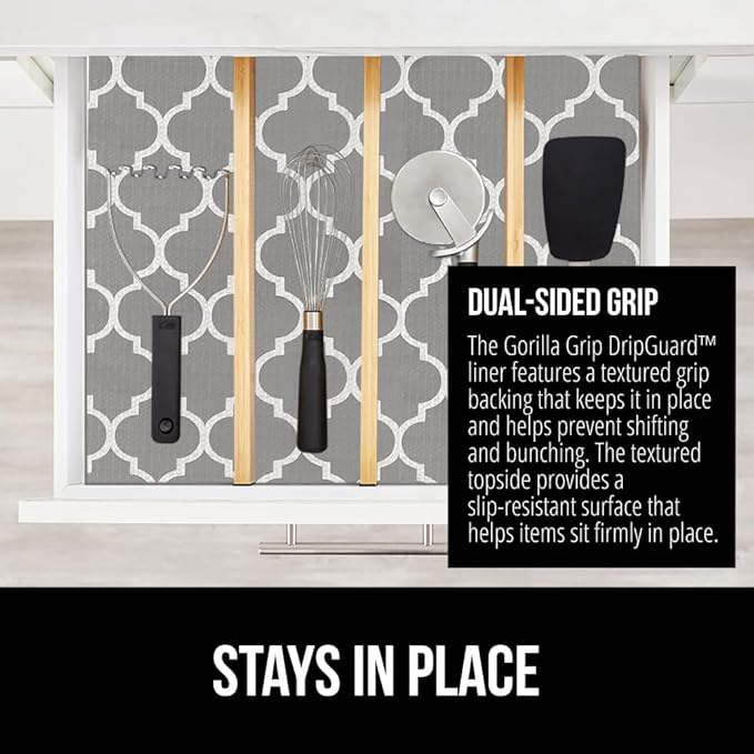 GORILLA GRIP DripGuard Drawer and Shelf Liner for Cabinet, 20x240 Inch, Slip Resistant Non Adhesive Protection for Kitchen, BPA Free Smooth Surface Plastic Liners for Cabinets, Drawers, White Gray