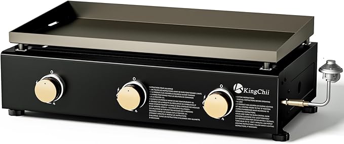KingChii 28" Tabletop 3-Burner Griddle Portable Gas Grill with Rear Grease Trap, Powder Coated Steel, Black