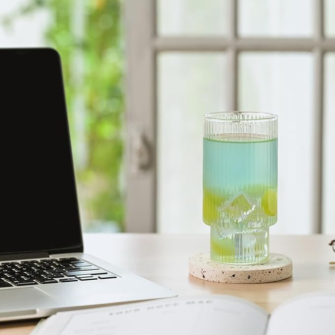 Ribbed Drinking Glasses Set of 6, 14oz Water Glasses,Vintage Glass Cups,Clear Glass Tumbler,Ribbed Glassware for Cocktail,Iced Coffee,Juice,Mojito,Decor,Gifts