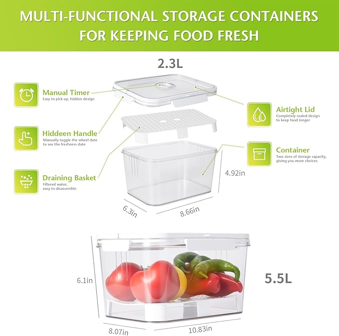 2 PCS Fruit Storage Containers for Fridge with Timer & Strainer, 5.5L+2.3L Bread Box BPA-Free Produce Keepers Leakproof Food Containers with Handle Airtight Lids for Vegetables Fruit Meat Fresh Longer