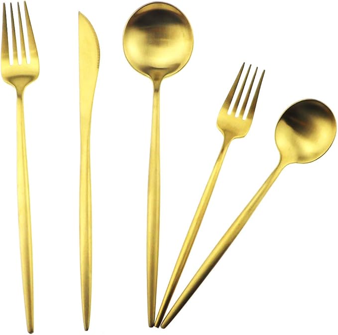 Gugrida 5-Piece 18/10 Stainless Steel Matte Gold Flatware Set - Dishwasher Safe, Perfect for Home, Office, or Travel