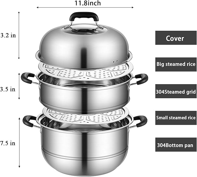MANO Steamer Pot for Cooking 11.8 inch Steam Pots with Lid 2-tier Stainless Steel Steaming Pot Multipurpose Cookware with Handle for Vegetable, Dumpling, Stock, Sauce, Food