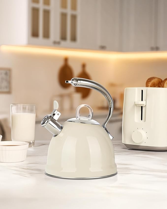 Harriet Tea Kettle Stovetop, 2.5 Quart Whistling Stainless Steel Tea Pot, 3-Layer Base, Unique Ergonomic Handle, Includes Pot Holder & Mat, Electric/Induction/Gas Stovetops Applicable, Beige White
