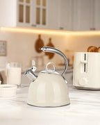 Harriet Tea Kettle Stovetop, 2.5 Quart Whistling Stainless Steel Tea Pot, 3-Layer Base, Unique Ergonomic Handle, Includes Pot Holder & Mat, Electric/Induction/Gas Stovetops Applicable, Beige White