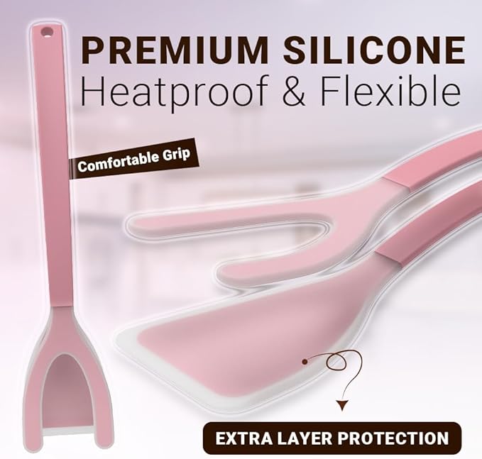 Silicone Egg Flipper Spatula Tongs (Set of 1) – Non-Stick 2-in-1 Grip & Flip Kitchen Tongs for Pancakes, Fish, Eggs, and More – Heat Resistant Cooking Tool (Black) (Pink)