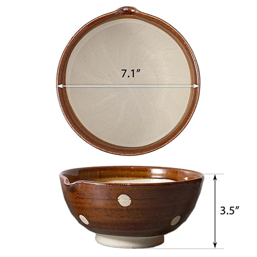 TIKUSAN Japanese Ceramic Ripple Ridge Mortar & Pestle Suribachi Bowl and Surikogi Set with Spout 7.1 inches Made in Japan (Brown)