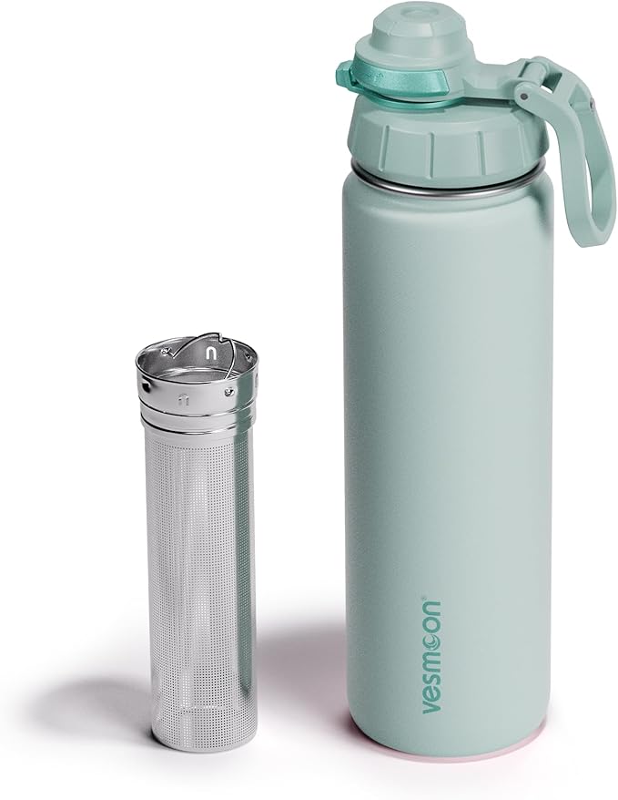 Vesmoon Vessence 24 Oz Stainless Steel Tea Infuser Bottle for Loose Leaf Tea, Water, Herbs, Fruits - Triple Layered Insulated, Leak Proof Bottle with Lid and Clip Handle - 24 Hours Hot/Cold