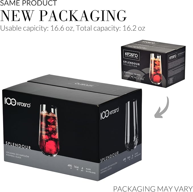 Krosno Tall Water, Juice, Drinking Glasses, Set of 6, 16.2 oz, Splendour Collection, Highball & Tumbler Crystal Glass, Dishwasher Safe, Made in Europe