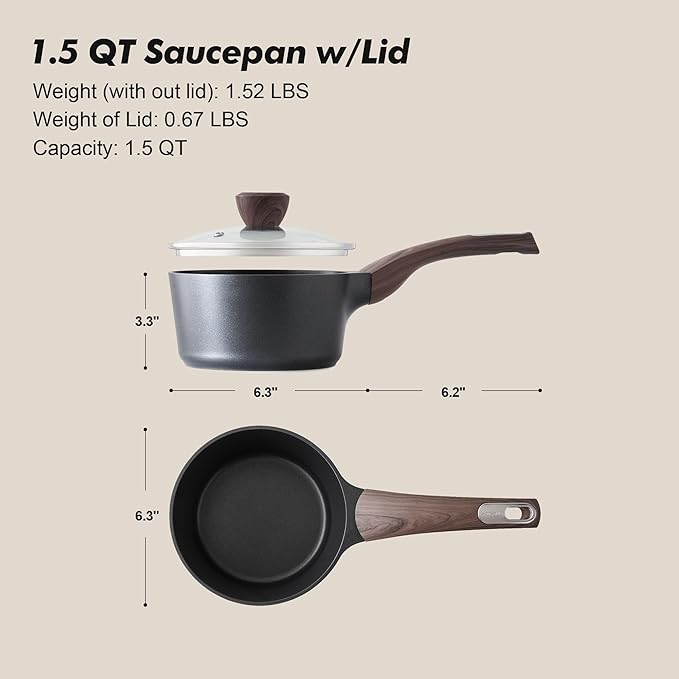 SENSARTE Nonstick Sauce Pan with Lid, 1.5 Quart Small Saucepan, Multipurpose Cooking Pot with Stay Cool Handle, Non toxic Kitchen Sauce Pot, Non stick Saucier Pan, Induction Comptable, PFOA Free