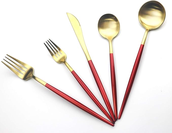 Gugrida Red Gold Flatware, Royal 20 Pieces Matte White Handle 18/10 Stainless Steel Tableware Sets for 4 Including Forks Spoons Knives, Camping Silverware Travel Utensils Set Cutlery (Red Gold)