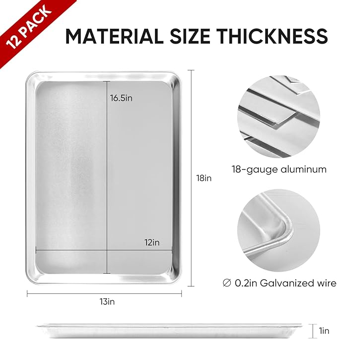 TENUP 12 Pack Aluminum Half Sheet Pan, 18" x 13" Heavy Duty Commercial Baking Tray Reinforced Rim, Warp-Resistant Rust-Free