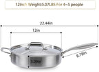 DELARLO 5QT Saute Pan Tri-Ply Stainless Steel Pan, 12Inch Deep Frying Pan with Steel cover, Kitchen Large Skillet,Heavy Duty Style Compatible With All Cooktops Up to 650℉