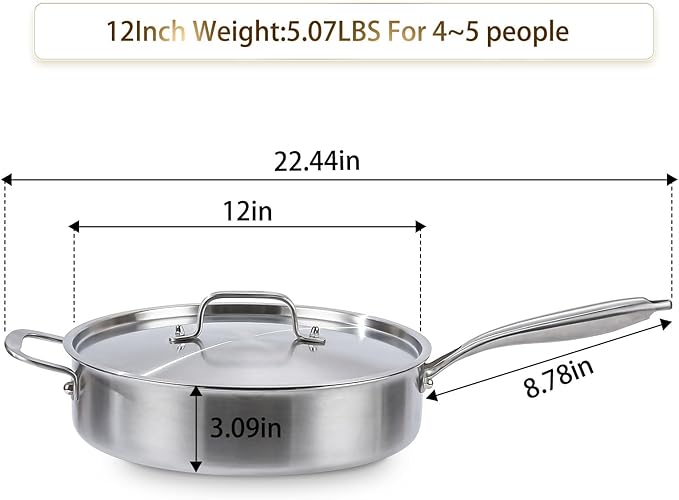DELARLO 5QT Saute Pan Tri-Ply Stainless Steel Pan, 12Inch Deep Frying Pan with Steel cover, Kitchen Large Skillet,Heavy Duty Style Compatible With All Cooktops Up to 650℉