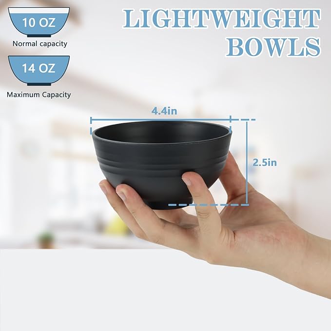 Wheat Straw Bowls Set of 8,10 OZ Small Bowls,Kids Bowls,Cereal Bowls,Plastic Bowls Reusable,Unbreakable Ice Cream Bowls for Dessert,Snack,BPA-Free,Dishwasher & Microwave Safe Bowls for Kitchen,Black