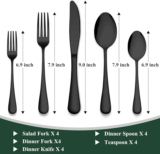 Wildone 20-Piece Black Silverware Set, Stainless Steel Flatware Cutlery Set Service for 4, Tableware Eating Utensils Include Knives/Forks/Spoons, Mirror Polished, Dishwasher Safe