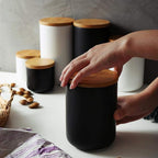 Ceramics Food Storage Jar Canister with Airtight Seal Bamboo Lid, Simple Style Kitchen Canister for Food Storage, Store Coffee, Sugar, Tea, Spices and More (White (8.79oz/260ml))