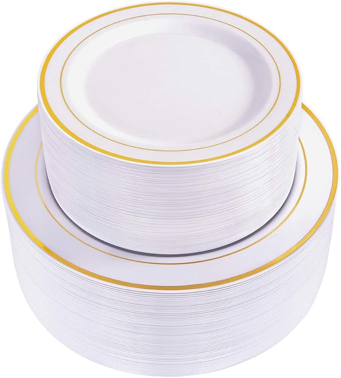 WDF 120 pieces Gold Disposable Plastic Plates - White and Gold Plates Include 10.25" Dinner Plate & 7.5" Salad Plate for Thanksgiving Weddings/Party