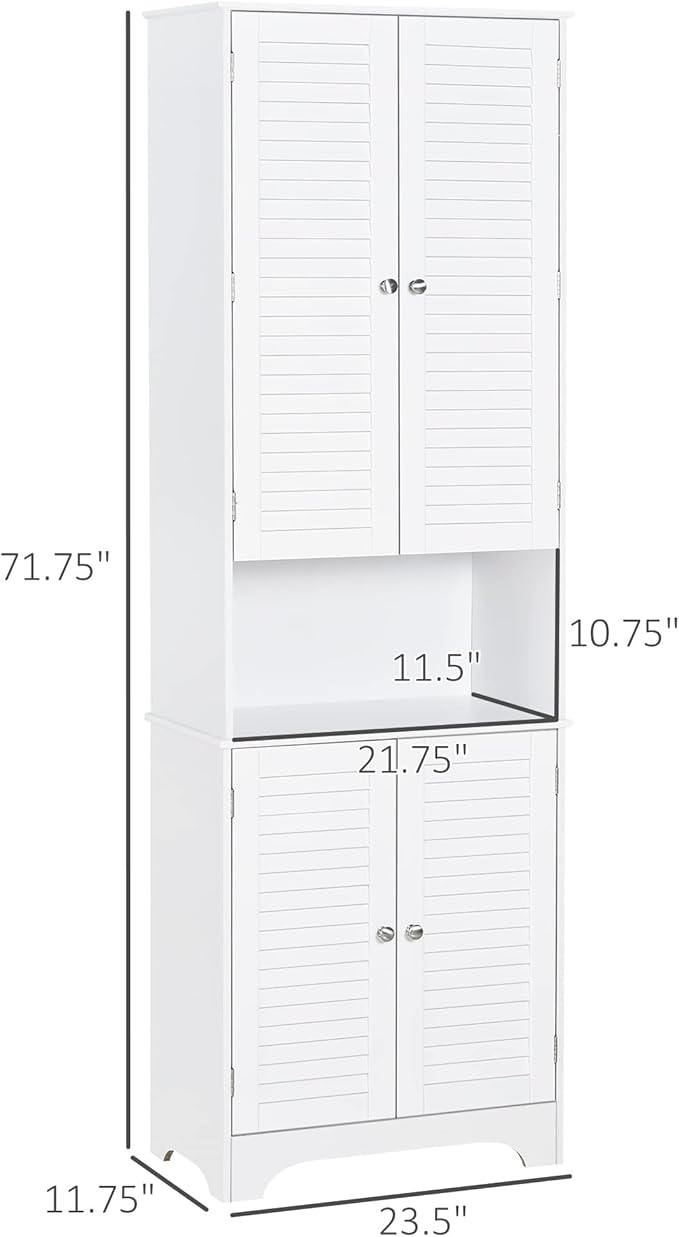 HOMCOM Tall Narrow Bathroom Storage Cabinet with Doors and Shelf Adjustability, Freestanding Linen Cabinet with 2 Cabinets and Countertop, White