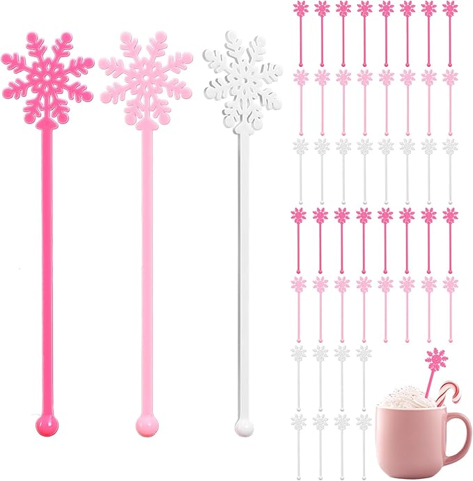 48Pcs Snowflake Coffee Stirrers Pink White Snowflake Cocktail Stir Sticks Winter Plastic Drink Swizzle Stick for Hot Chocolate Bar Supplies Xmas Home Party Decor