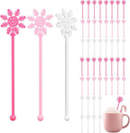 48Pcs Snowflake Coffee Stirrers Pink White Snowflake Cocktail Stir Sticks Winter Plastic Drink Swizzle Stick for Hot Chocolate Bar Supplies Xmas Home Party Decor