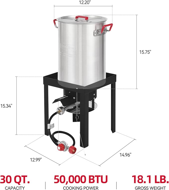 CreoleFeast Aluminum 30 Qt. Turkey Fryer Pot Set, 50,000 BTU Propane Turkey Fryer Burner for Outdoor Cooking, TFS3000L