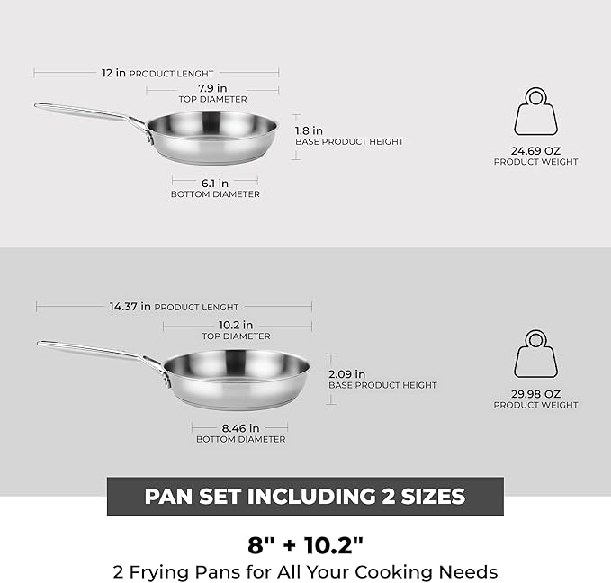 BRA COOKWARE Signature 2 Frying Pan Set | 8 + 10.2 inches Professional Skillet | Stainless Steel Frypan | All Stovetop Compatible Skillet | PFOA Free | w/o Non-Stick Coating | Polished Finish