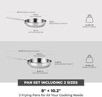 BRA COOKWARE Signature 2 Frying Pan Set | 8 + 10.2 inches Professional Skillet | Stainless Steel Frypan | All Stovetop Compatible Skillet | PFOA Free | w/o Non-Stick Coating | Polished Finish