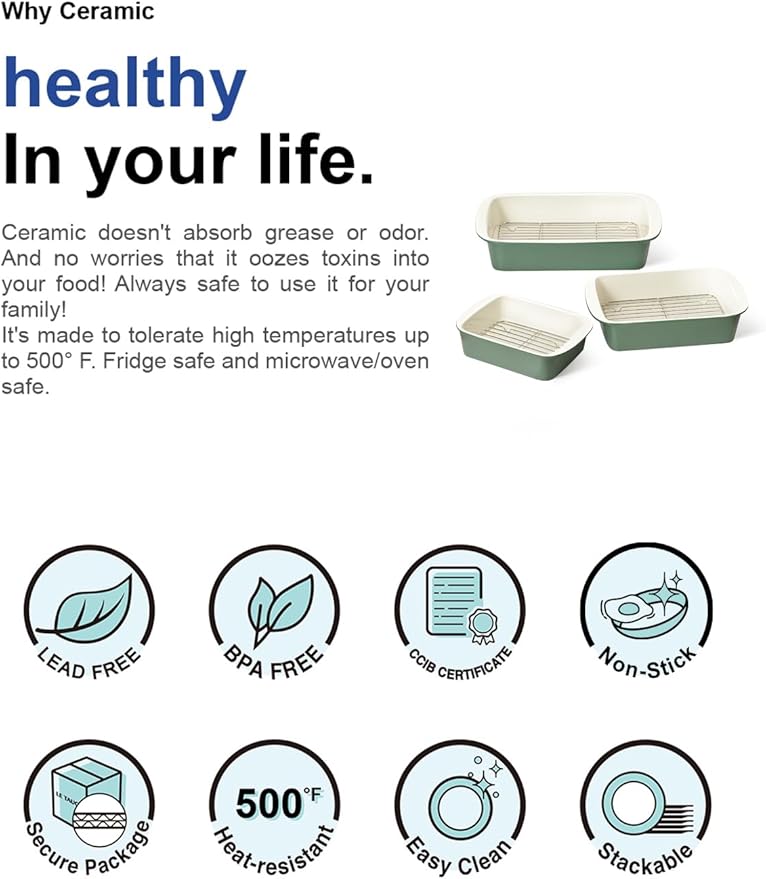 LE TAUCI Deep Casserole Dishes for Oven, 13.7”x9.6” Ceramic Baking Dish Set with Roasting Racks, Large Lasagna Pans with Handles, Rectangular Bakeware as Gift for Mom, Forest Green (4.6QT/3.0QT/1.6QT), Set of 3