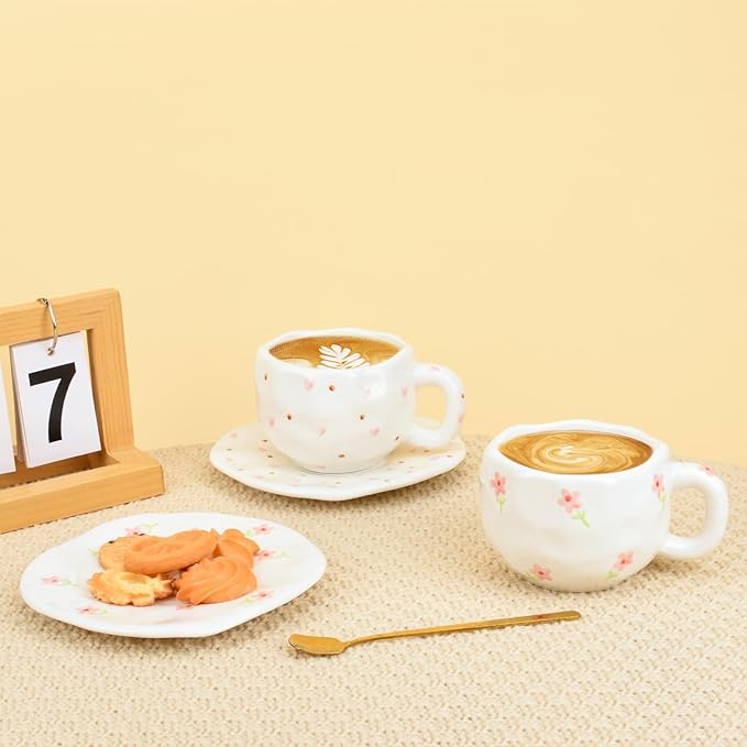 Koythin Ceramic Coffee Mug with Saucer Set, Cute Red Heart Dots Cup Unique for Office and Home, 10 oz/300 ml for Latte Tea Milk