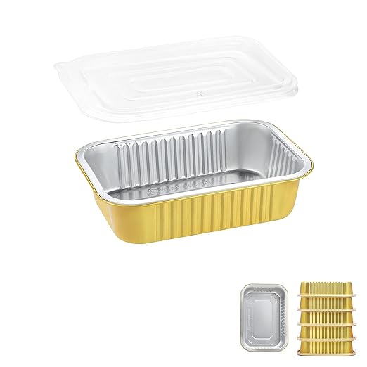 6"x 4" Sturdy Aluminum Foil Pans + Lids (5 Pack), 2X Thicker Heavy Duty for Oven, Grill, Microwavable Cooking Baking, Reusable Freezable Dishwasherable Disposable Tin Pot Container 25oz