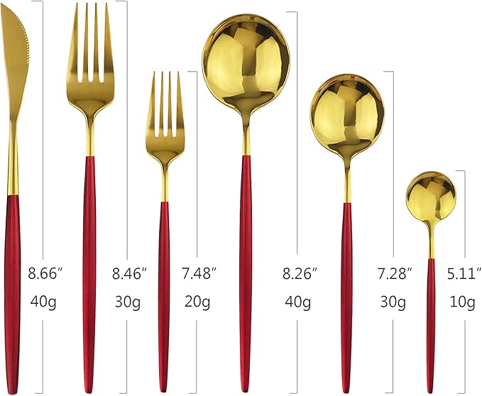 24Pcs Gold Mirror Silverware Flatware With Red Handle, 18/0 Stainless Steel Cutlery Set Utensils Kitchen Dinnerware Include Knife Fork Spoon and Teaspoon, Service for 4