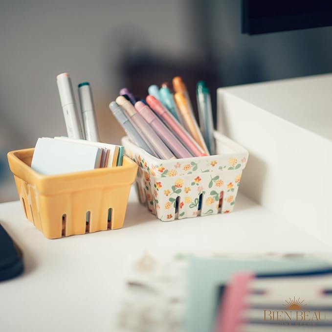 Ceramic Berry Basket, Farmhouse Colander, Farmers Market square Bowl. Rustic Kitchen decor fruit bowls, Fruit Baskets, Yellow, White and floral pattern Stoneware Harvest Bowls Set of 4