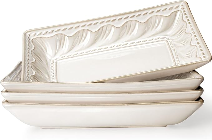 Artena Ceramic Pasta Bowls Set of 4-9.85 Inch Large Salad Bowls, 25 oz Serving Bowls for Soup, Dinner & Party - Embossed Microwave Safe Kitchen Dishes, Rectangle Plates (Willow Leaf)