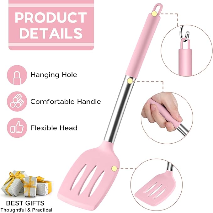 Silicone Utensils Set, Onader 15pcs Kitchen Cooking Utensils with Holder, Non-stick Cookware with Stainless Steel Handle, Kitchen Gadgets Tools Gift - Pink