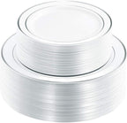 WDF 120PCS Plastic Christmas Plates White Silver Rim - Disposable Plates including 60PCS for Dinner 10.25inch, 60 Salad/Dessert Plates 7.5inch Heavy Duty Wedding