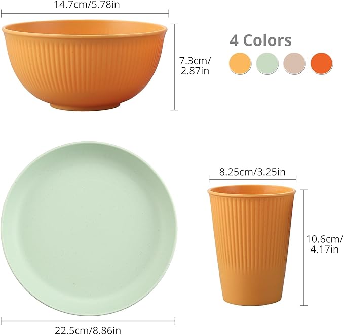 Tanice Camping Plates and Bowls Set for 4, 12-Piece Unbreakable Plastic Dinnerware, Microwave & Dishwasher Safe, Dinnerware Set with Pltaes, Bowls, Cups for Outdoor Picnic, RV, Travel Essentials