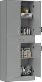 HOMCOM 71" Kitchen Pantry Cabinet with Drawer and Adjustable Shelf, Freestanding Tall Storage Cabinet with 2 Double Door Cupboards, Gray