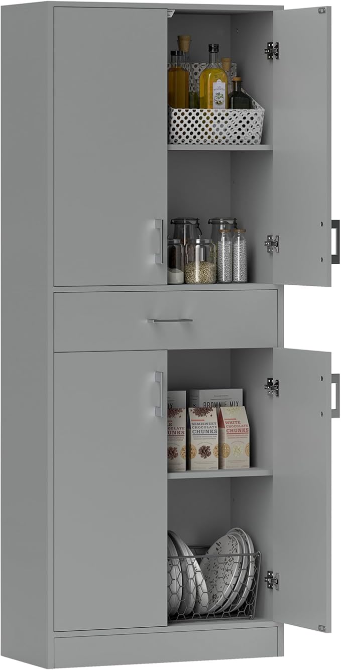 HOMCOM 71" Kitchen Pantry Cabinet with Drawer and Adjustable Shelf, Freestanding Tall Storage Cabinet with 2 Double Door Cupboards, Gray